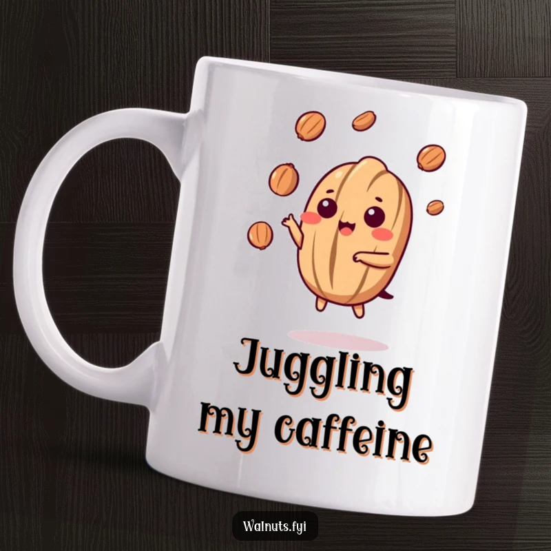Funny Kawaii Walnut Juggling Mug: A cute cartoon walnut expertly juggles several smaller nut pieces in the air with a happy, focused expression.