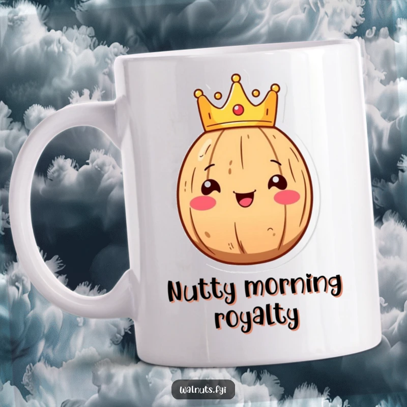 Funny Kawaii walnut mug depicting a smiling walnut character wearing a tiny crown, exuding regal, nutty charm.