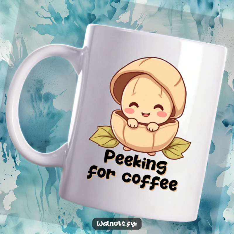 Funny mug with a happy walnut character curiously peeking out from behind a large, protective shell.