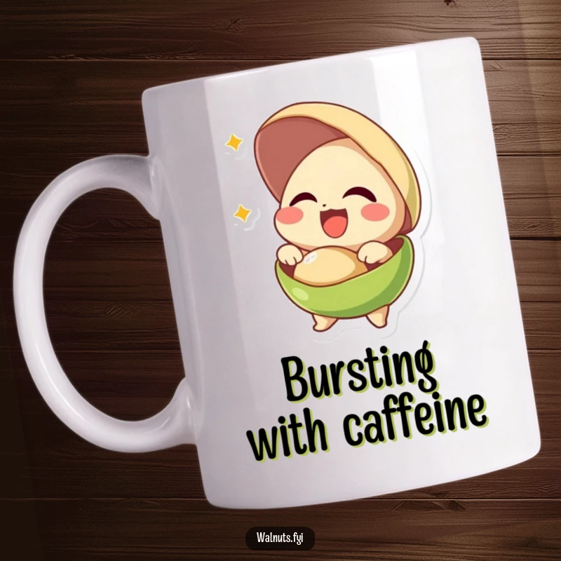 Funny mug showing a giggling pistachio bursting out of its shell with pure, unadulterated joy.