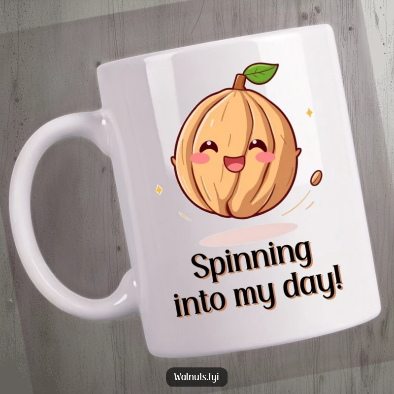 Funny mug depicting a playful walnut character spinning with delighted abandon, leaving a trail of mirth and happiness.