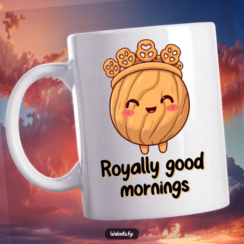 Funny mug graphic of a proud walnut wearing a majestic crown fashioned from tiny, delicious pretzel bites.