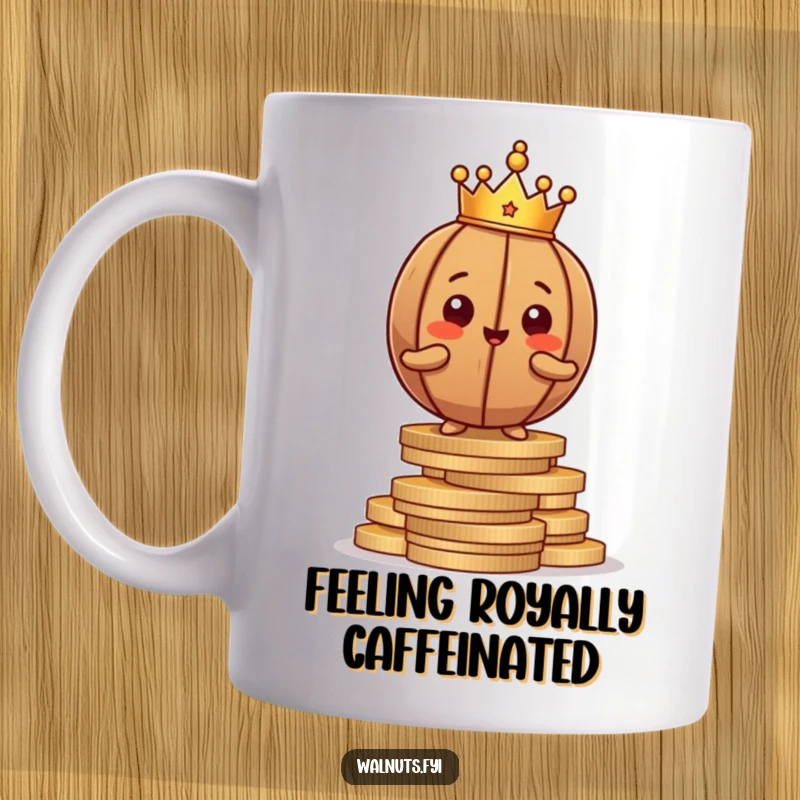 Funny proud brown walnut character wearing a tiny crown, posing confidently atop a stack of shiny coins.