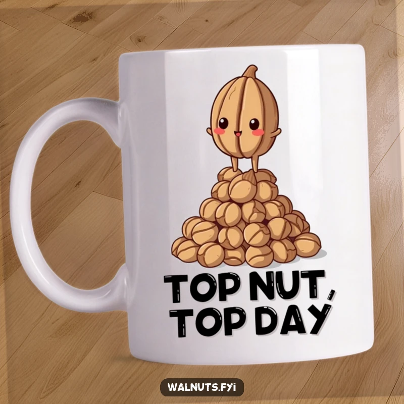 Funny Walnut Mug: Proud walnut standing tall on a pile, symbolizing success and achievement, perfect funny gift.