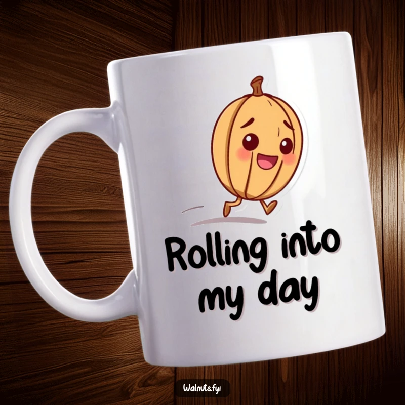 Funny mug featuring a happy walnut character with a determined look, rolling downhill with purpose.