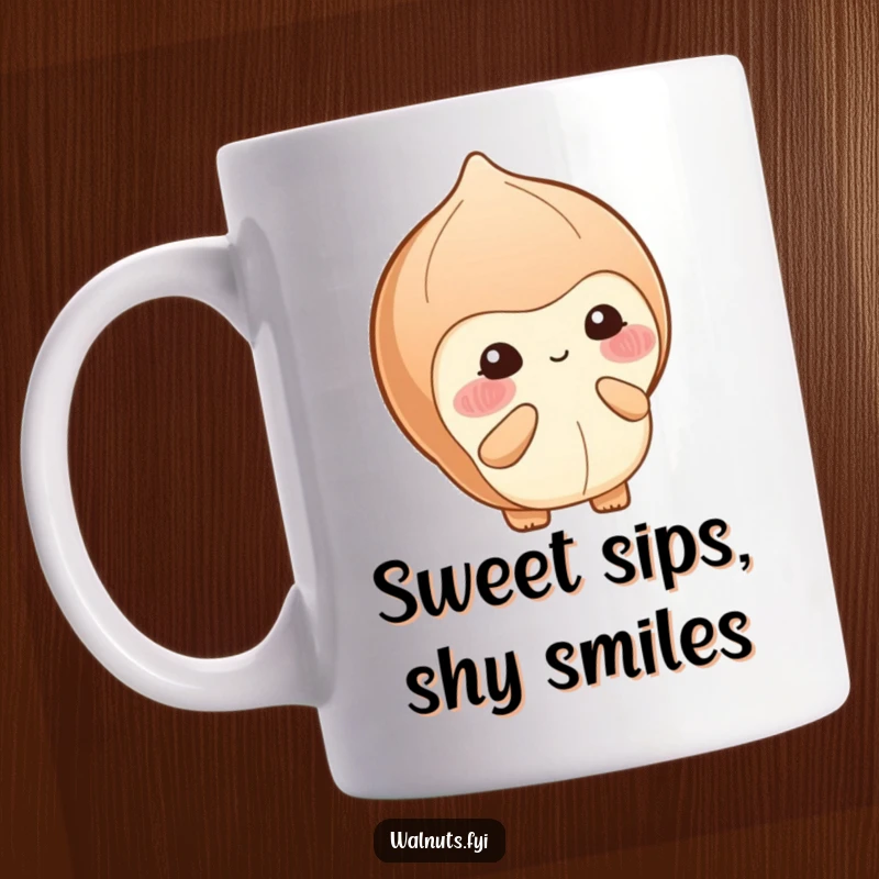 Funny mug with a blushing hazelnut shyly offering a small berry with a sweet, bashful smile.