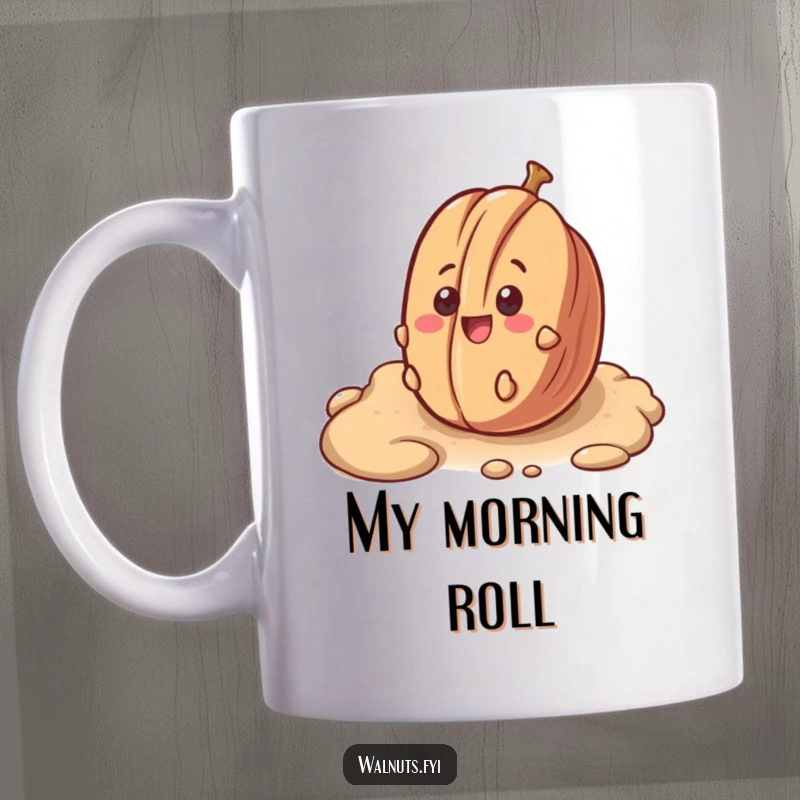Funny mug showing a surprised pecan smiling as it rolls down a bumpy surface, capturing a moment of joy.