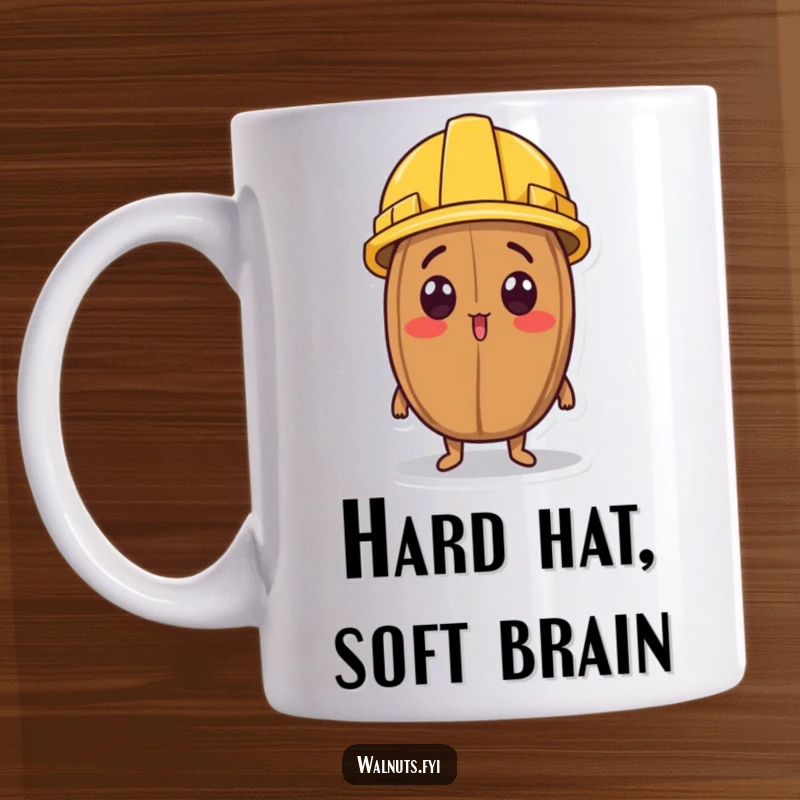 Funny mug: a surprised walnut character wears a small construction helmet and looks upwards.