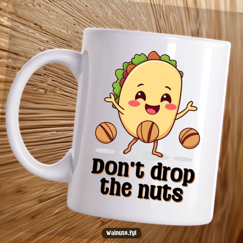 Funny mug with a smiling taco juggling walnuts with its legs, showcasing impressive dexterity and humor.