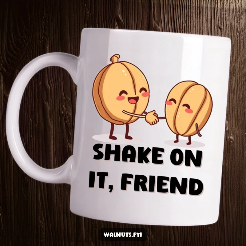 Funny mug showing a beaming walnut offering a tiny handshake to another walnut, symbolizing friendly nutty connection.