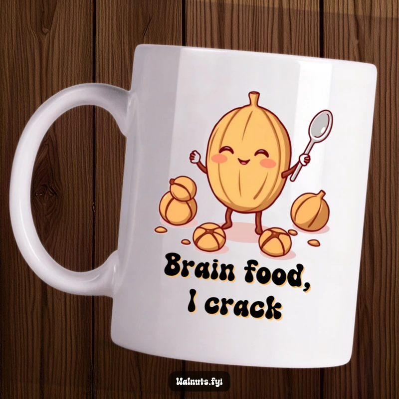 Funny walnut juggler mug depicting a smiling walnut skillfully juggling a smaller walnut and a tiny spoon, showcasing humorous dexterity.