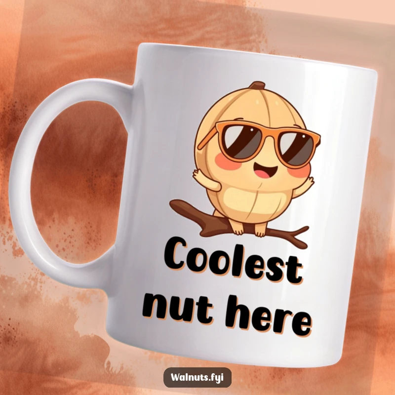 Funny walnut sunglasses mug showing a cool walnut with tiny sunglasses posing on a branch, stylish and humorous.
