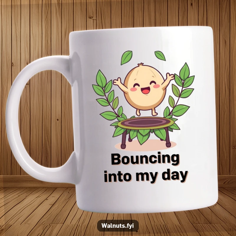 Funny mug showing a happy, round walnut character joyfully bouncing on a trampoline made of colorful leaves.