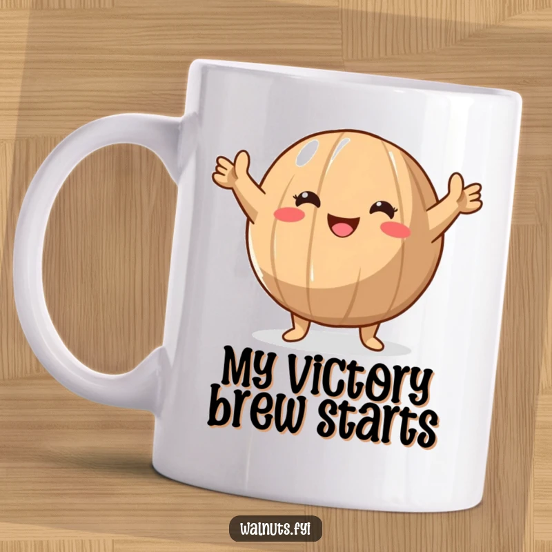 Funny Walnut Victory Mug featuring a round walnut character raising its arms in a jubilant, triumphant gesture of success.