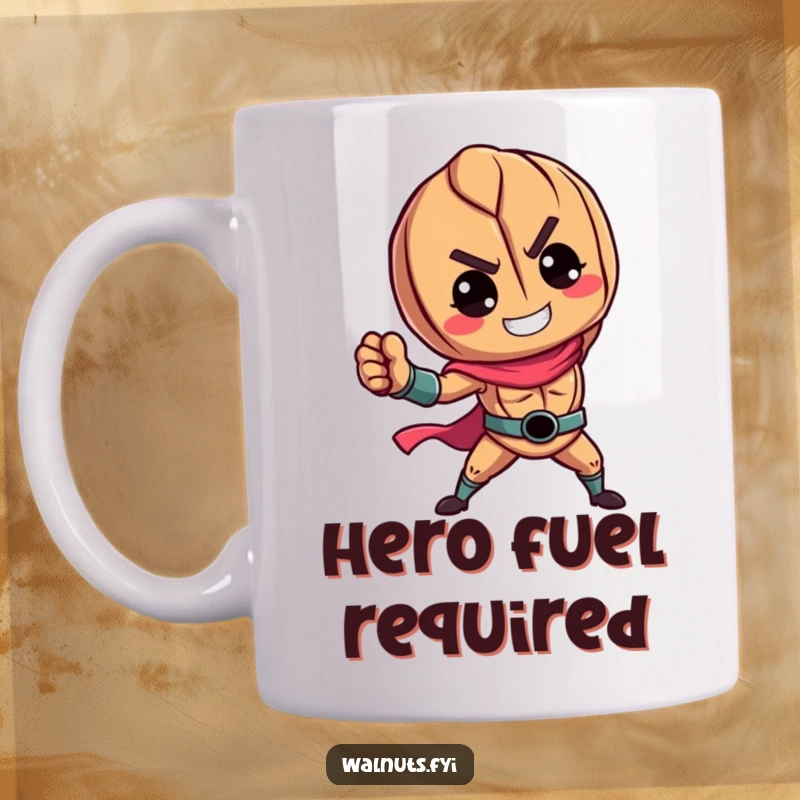 Funny mug depicting a vibrant walnut character striking a powerful and heroic pose, exuding strength and determination.
