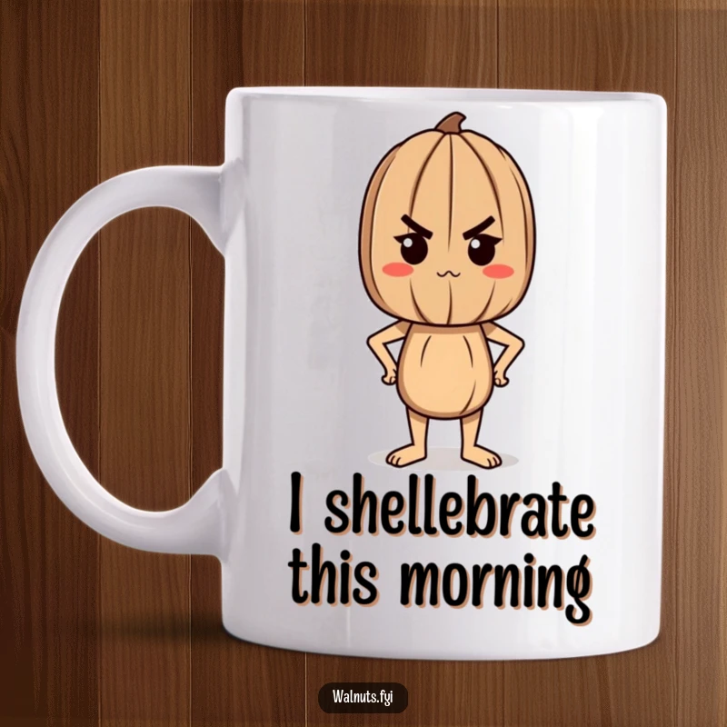 Funny mug featuring a determined walnut character standing proudly, ready to conquer the day with a bold and resilient attitude.