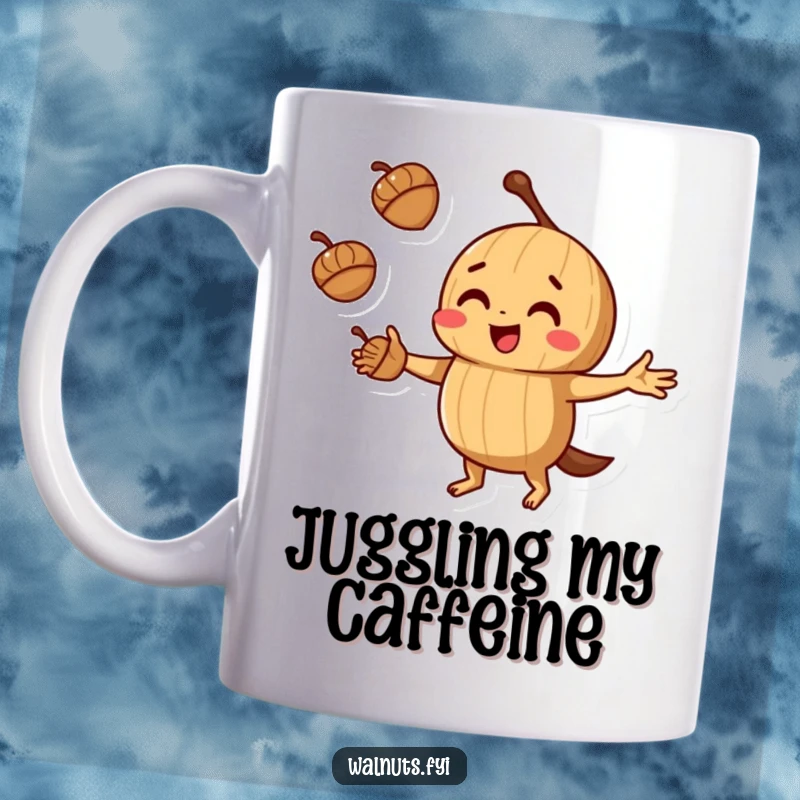 Funny juggling walnut mug showing a walnut with playful concentration juggling three acorns, a humorous kitchen accessory.