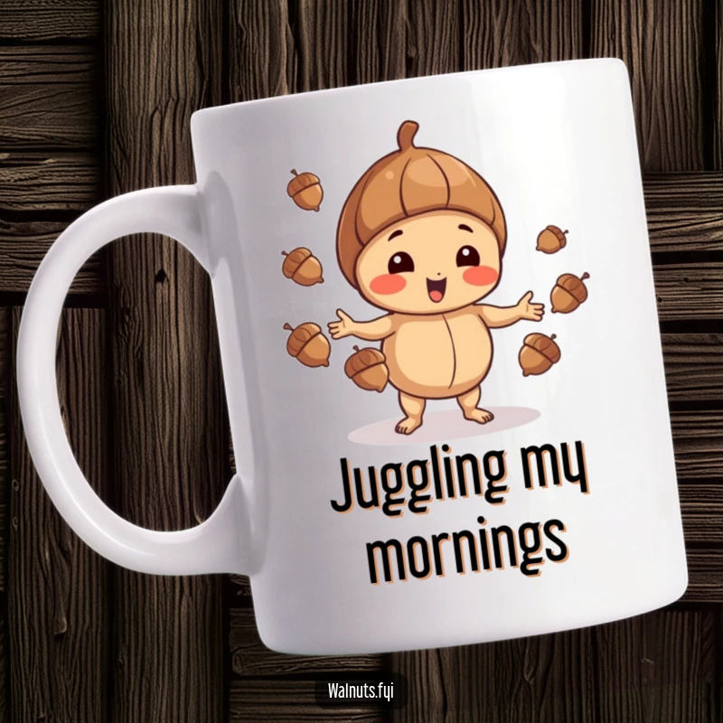 Funny Walnut Mug: Playful walnut juggling acorns with skill, a humorous and delightful design, perfect funny gift.