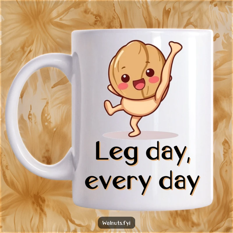 Funny mug: a happy walnut character performs a cartwheel with enthusiasm, showing its legs.