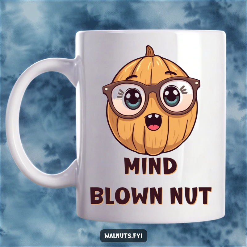 Funny Mug featuring a walnut character with comically oversized reading glasses, sporting a wide-eyed, surprised expression.