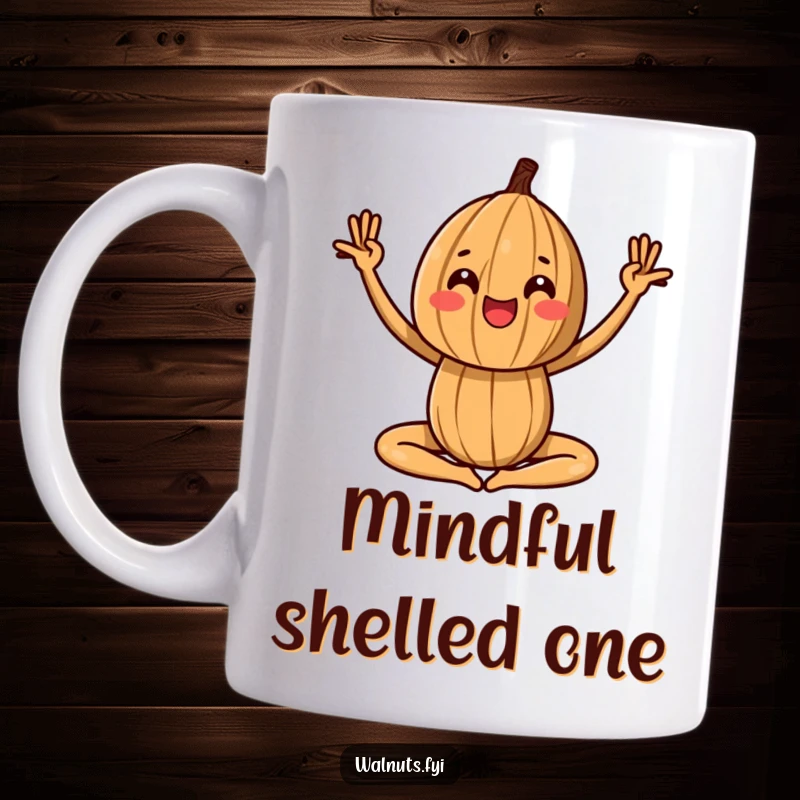 Funny mug depicting a walnut in a playful, flexible yoga pose, promoting wellness and humor.
