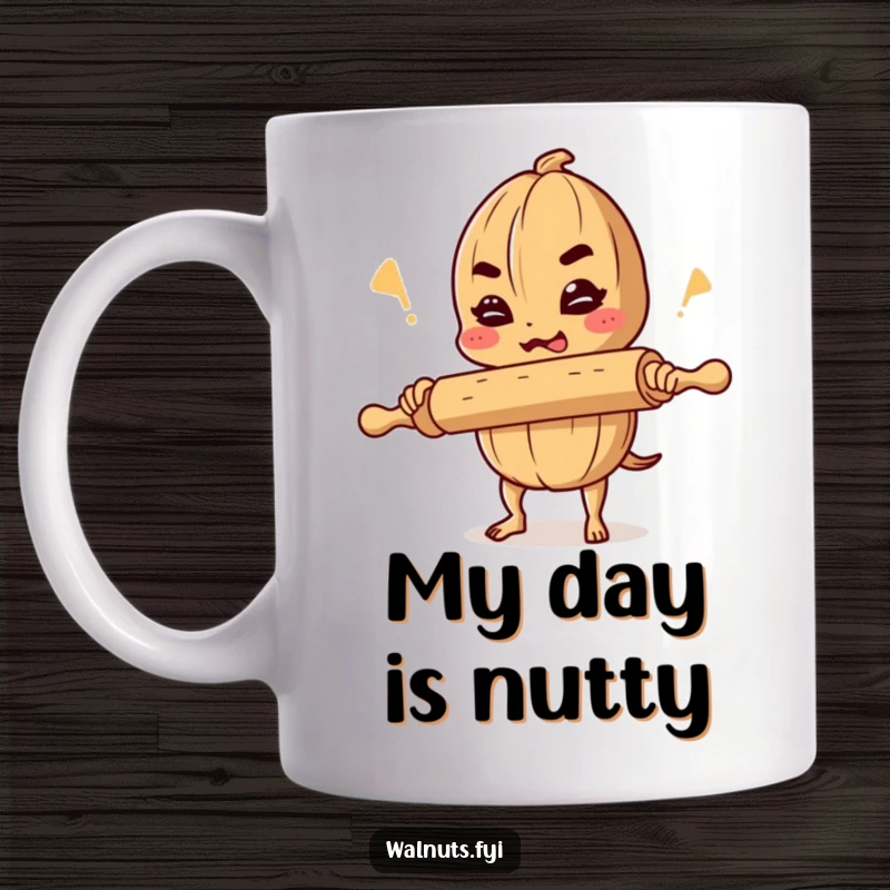 Funny mug featuring a determined walnut cracking a joke, balancing a rolling pin with a mischievous grin, perfect for coffee lovers.