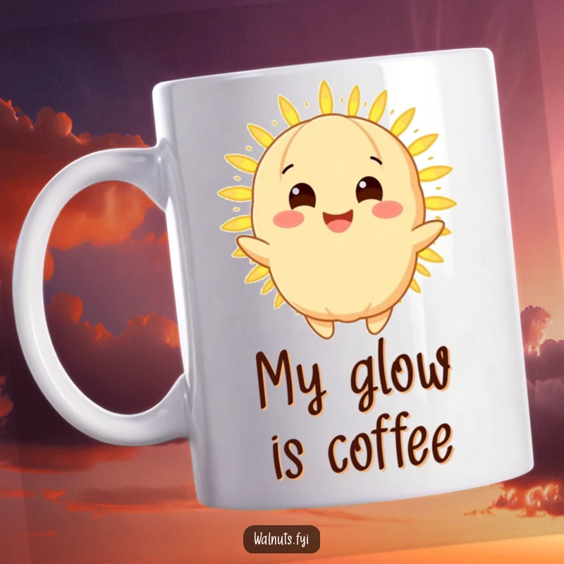 Funny macadamia nut mug with a radiant golden character smiling, sharing a warm glowing light, perfect for a cheerful gift.