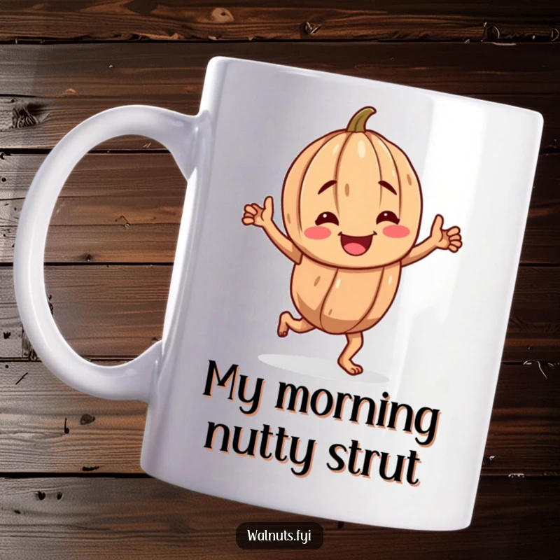 Funny coffee mug featuring a cheerful, gnarled walnut character joyfully performing a happy jig, spreading good vibes.