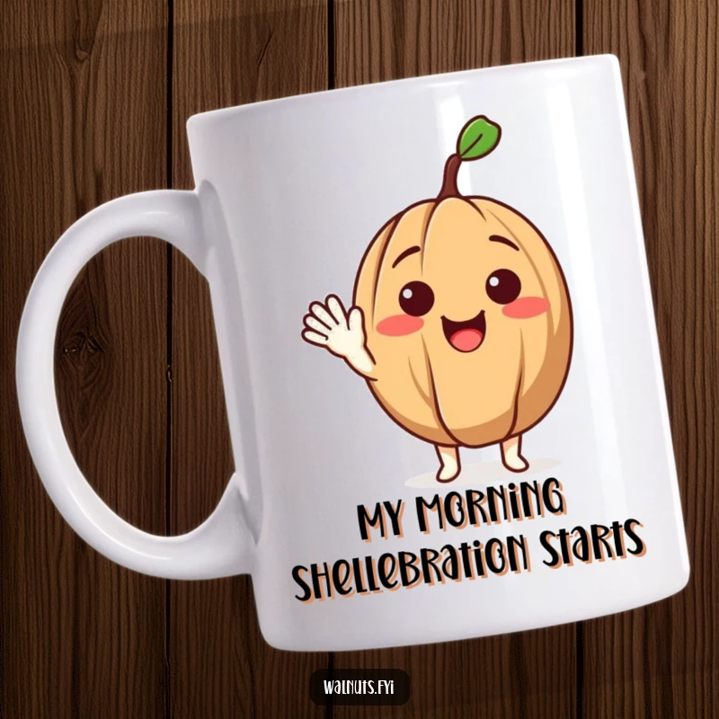 Funny mug featuring a delighted walnut character enthusiastically offering a friendly wave, perfect for a cheerful gift.