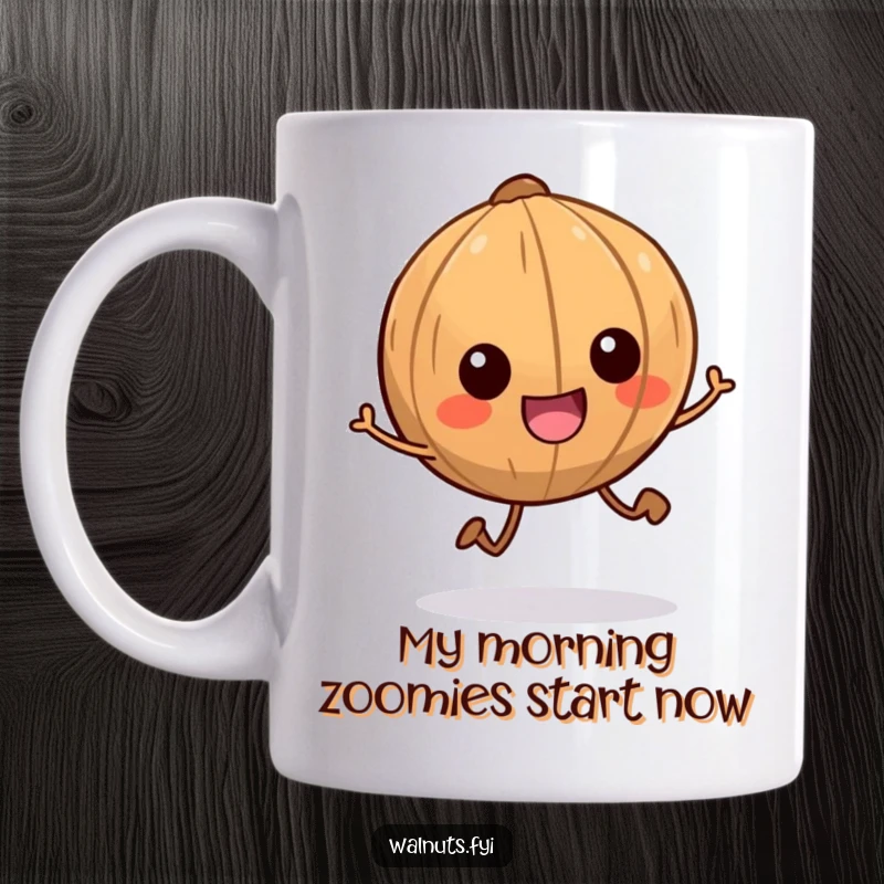 Funny mug featuring a smiling walnut character with tiny legs scampering energetically, perfect for a cheerful morning.