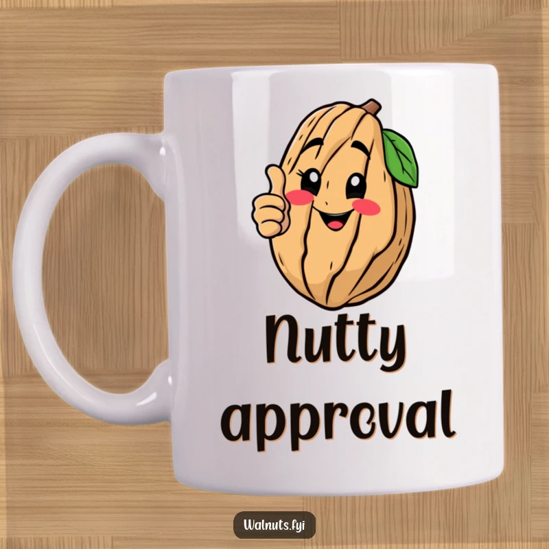 Funny mug featuring a happy walnut character giving a confident thumbs up, radiating positivity and approval, a perfect funny gift.