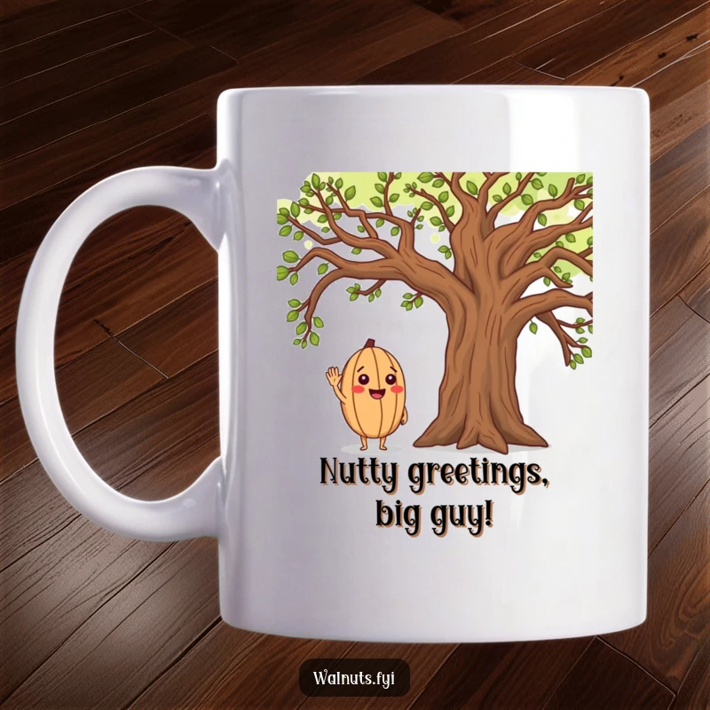 Funny mug with a smiling walnut character giving a salute to a grand oak tree, representing friendship and nature's joy for screen readers.