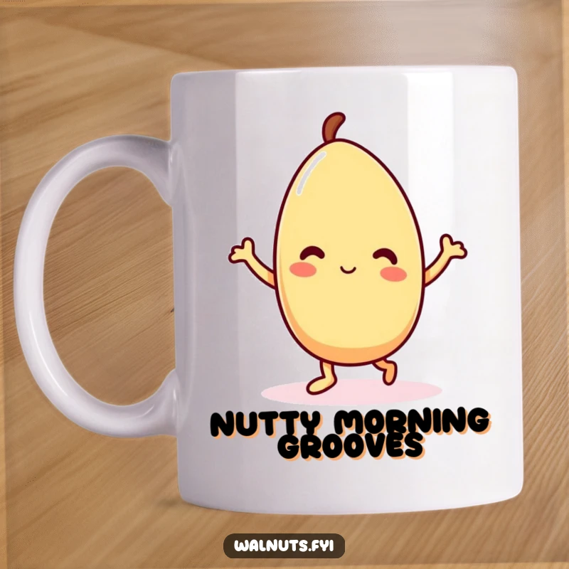 Funny Kawaii almond mug featuring a delighted character joyfully dancing with infectious energy, perfect for spreading cheer.