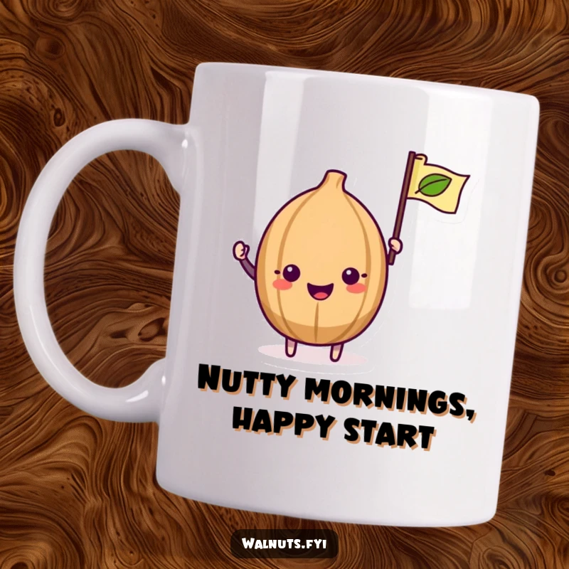 Funny Kawaii Walnut Mug: A cute walnut excitedly waves a tiny leaf flag, full of cheerful energy.