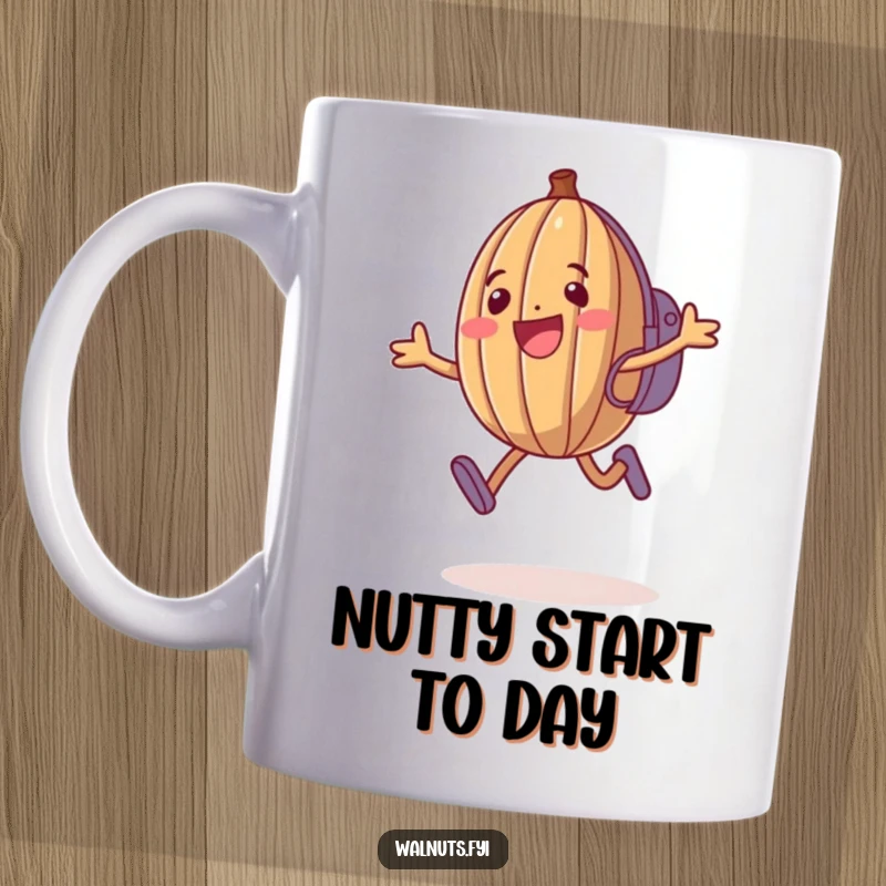 Funny Walnut Mug: Happy anthropomorphic walnut wearing a backpack jumps enthusiastically, cute and funny gift.