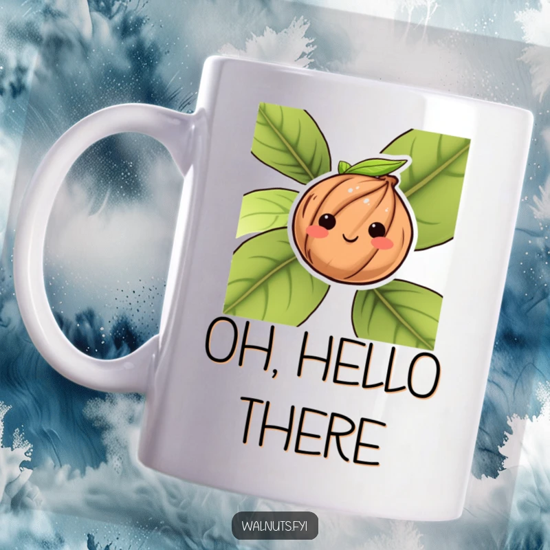 Funny mug featuring a shy, blushing walnut peeking playfully from behind a green leaf.