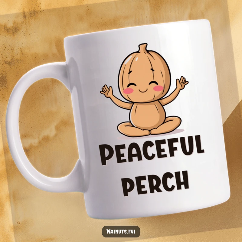 Funny mug featuring a walnut character peacefully holding a gentle yoga pose, promoting relaxation.