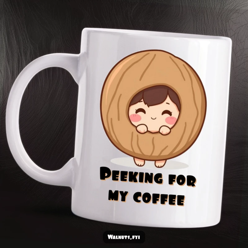 Funny mug with a shy, blushing walnut character peeking from behind a giant, stylized walnut shell.