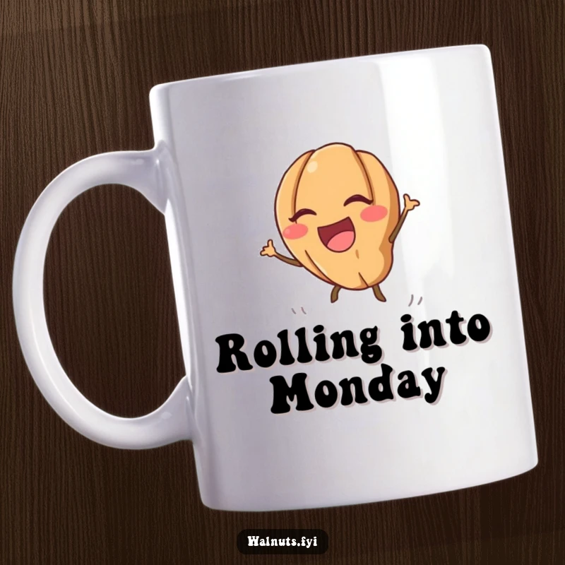 Funny kawaii walnut mug with a smiling walnut rolling downhill energetically, perfect for a cheerful beverage.
