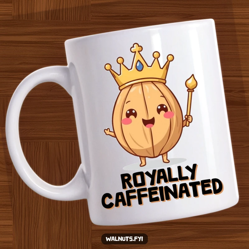 Funny Walnut King Mug with a happy walnut wearing a tiny crown and holding a scepter, looking majestic.