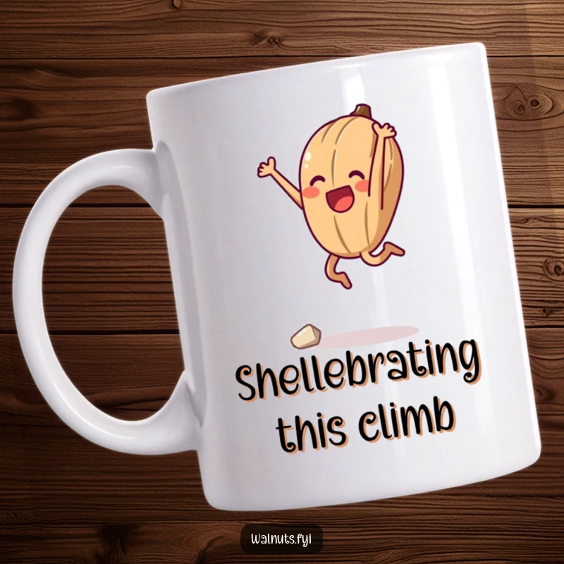 Funny mug showcasing an anthropomorphic walnut mid-air in a triumphant jump after a successful climb, full of nutty accomplishment.