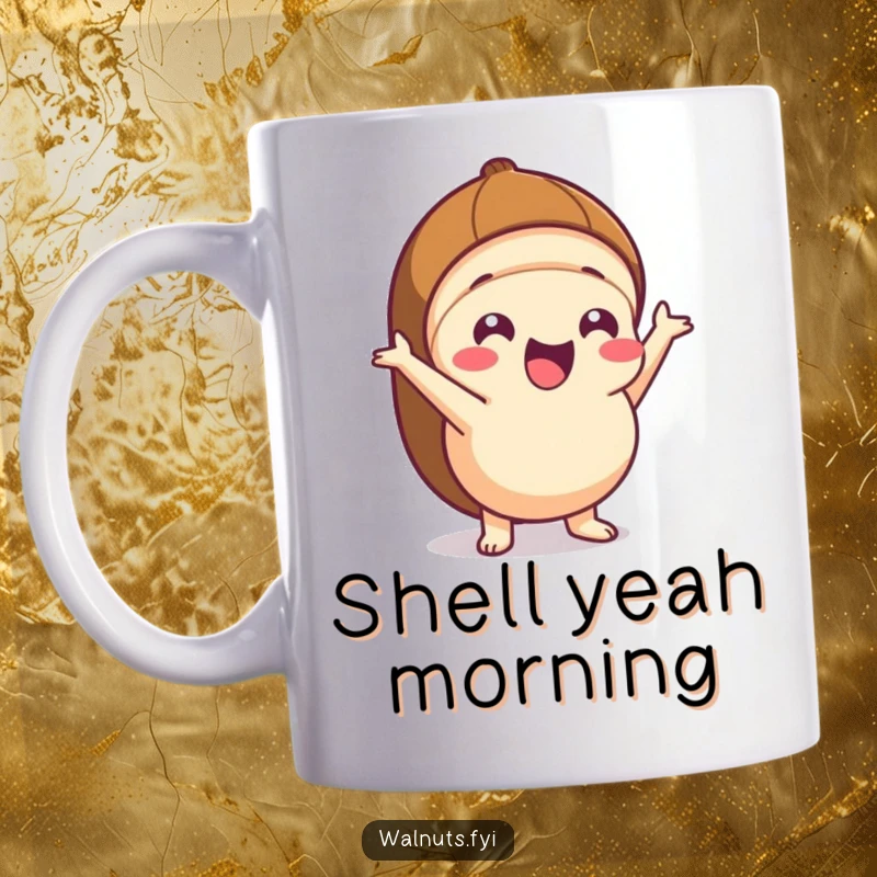 Funny Kawaii hazelnut mug featuring an excited character energetically popping out from its cracked shell, full of playful surprise.