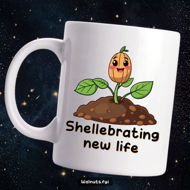 Funny mug featuring a smiling walnut sprout pushing up from the soil, symbolizing new beginnings and cheerful growth.