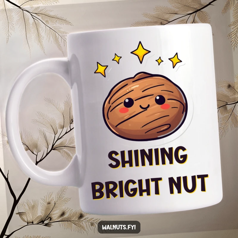 Funny Mug featuring a walnut character with bright, twinkling stars and a galaxy swirling around its head, looking celestial.