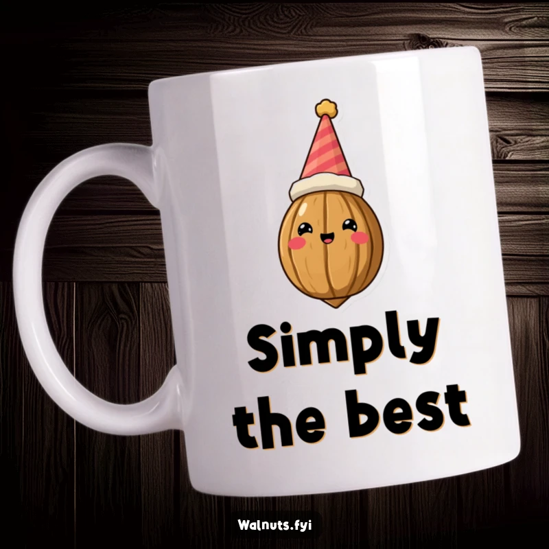 Funny Mug featuring a regal walnut character in a tilted, silly party hat, looking ready to celebrate a birthday.