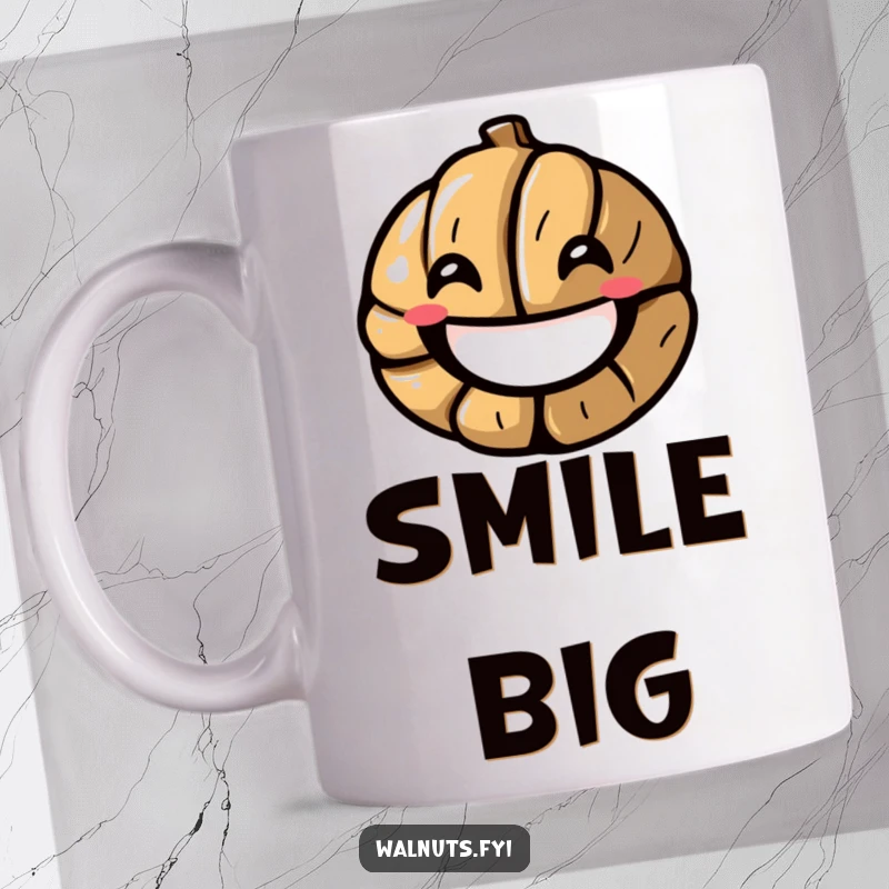 Funny mug featuring a stylized walnut cracking open into a wide, happy smile, radiating pure joy, a perfect funny gift.