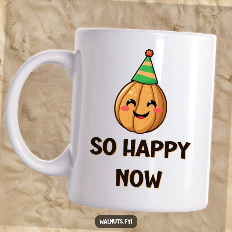 Funny mug featuring a cheerful walnut with a colorful party hat, radiating joy and party vibes, a perfect funny gift.