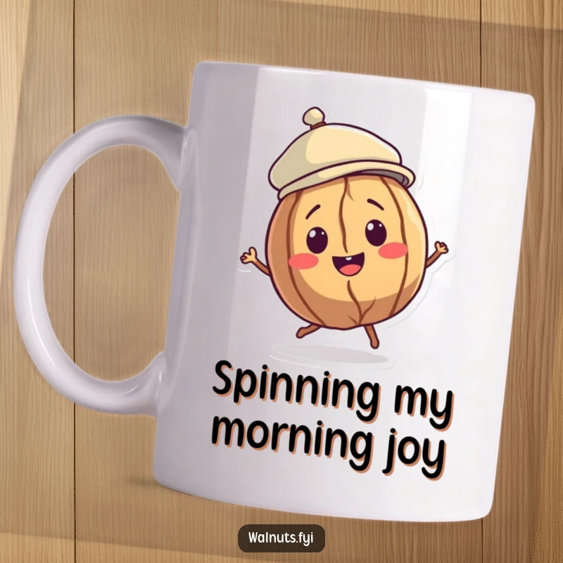 Funny Walnut Dancer Mug featuring a smiling walnut character wearing a jaunty cap and playfully doing a little spin.
