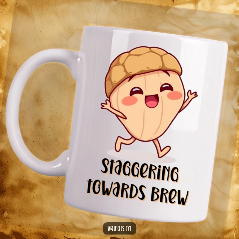 Funny mug depicting a giggling walnut character comically doing a little stagger, full of playful mischief.