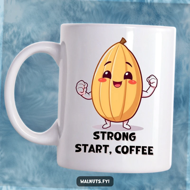 Funny Almond Flex Mug with a smiling almond showing off a small, proud muscle flex.